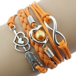 Boho Orange Leather Infinity Heart Charm Bracelet
